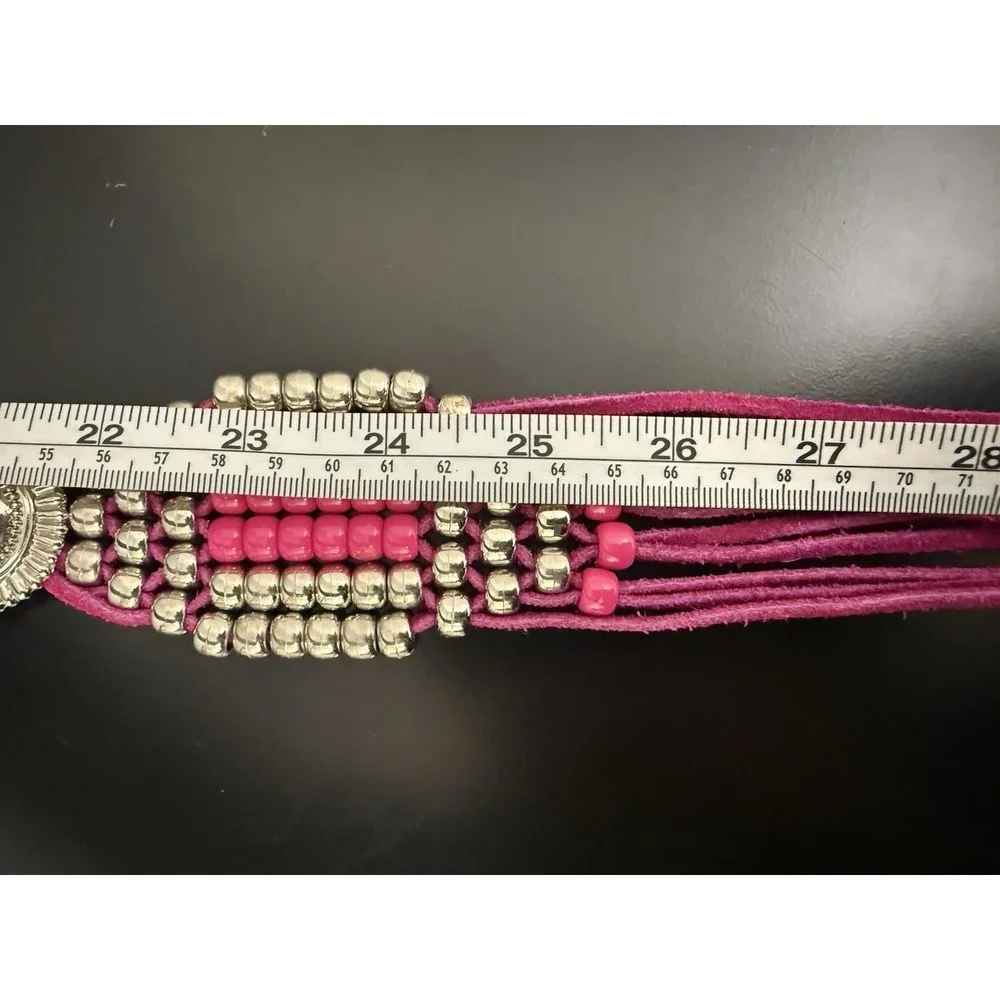 Vintage Charmant Belt Long tussles Pink, Bright Velvet With Metal Beads Western
